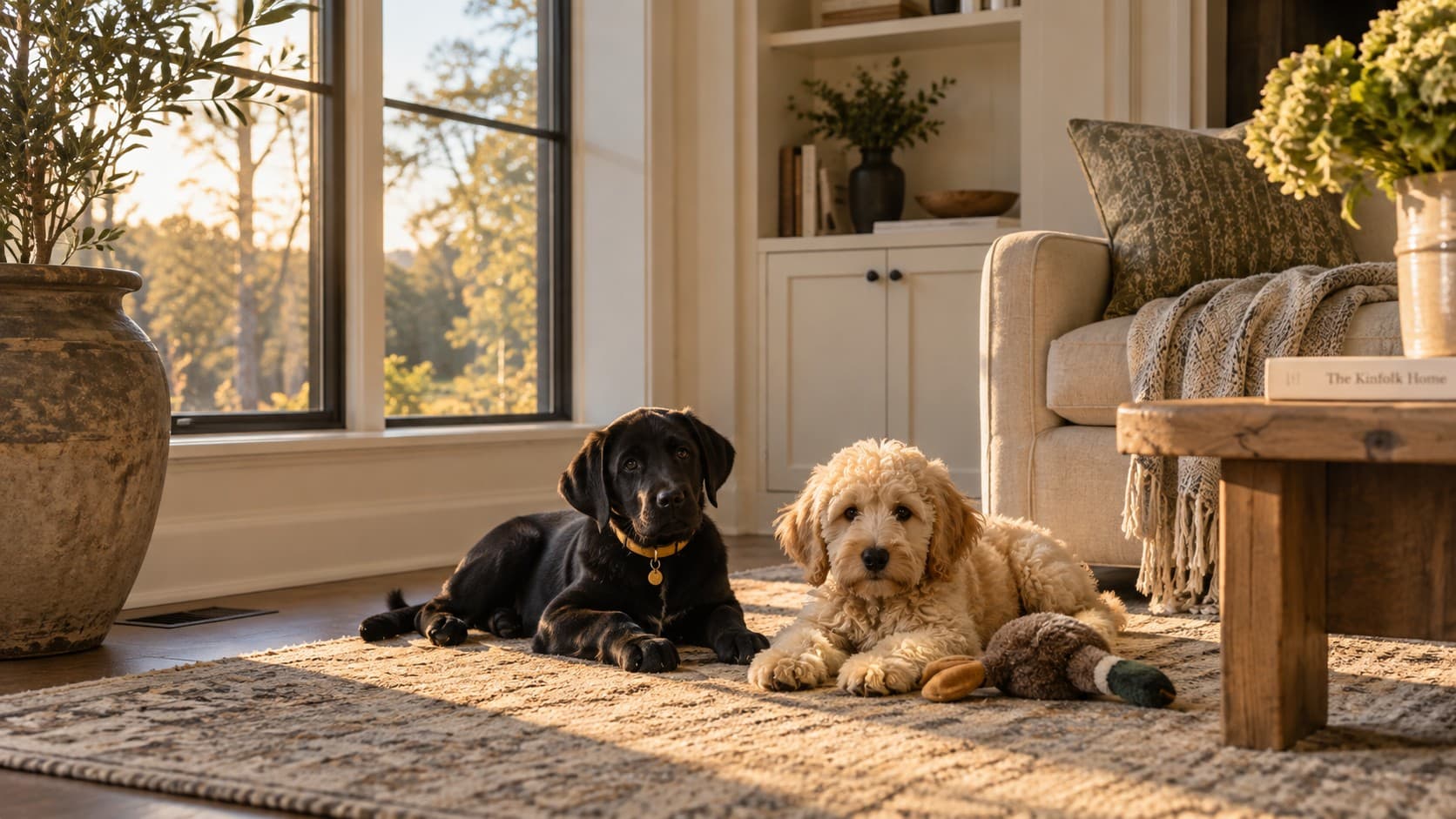 Two dogs resting on a rug in a sunlit living room, a window onto the trees behind them