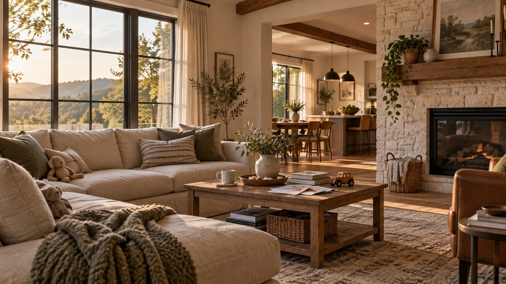 A living room in late afternoon light, with a stone fireplace and a wide window onto the hills