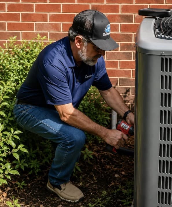 Russell working at the service panel of an outdoor condensing unit
