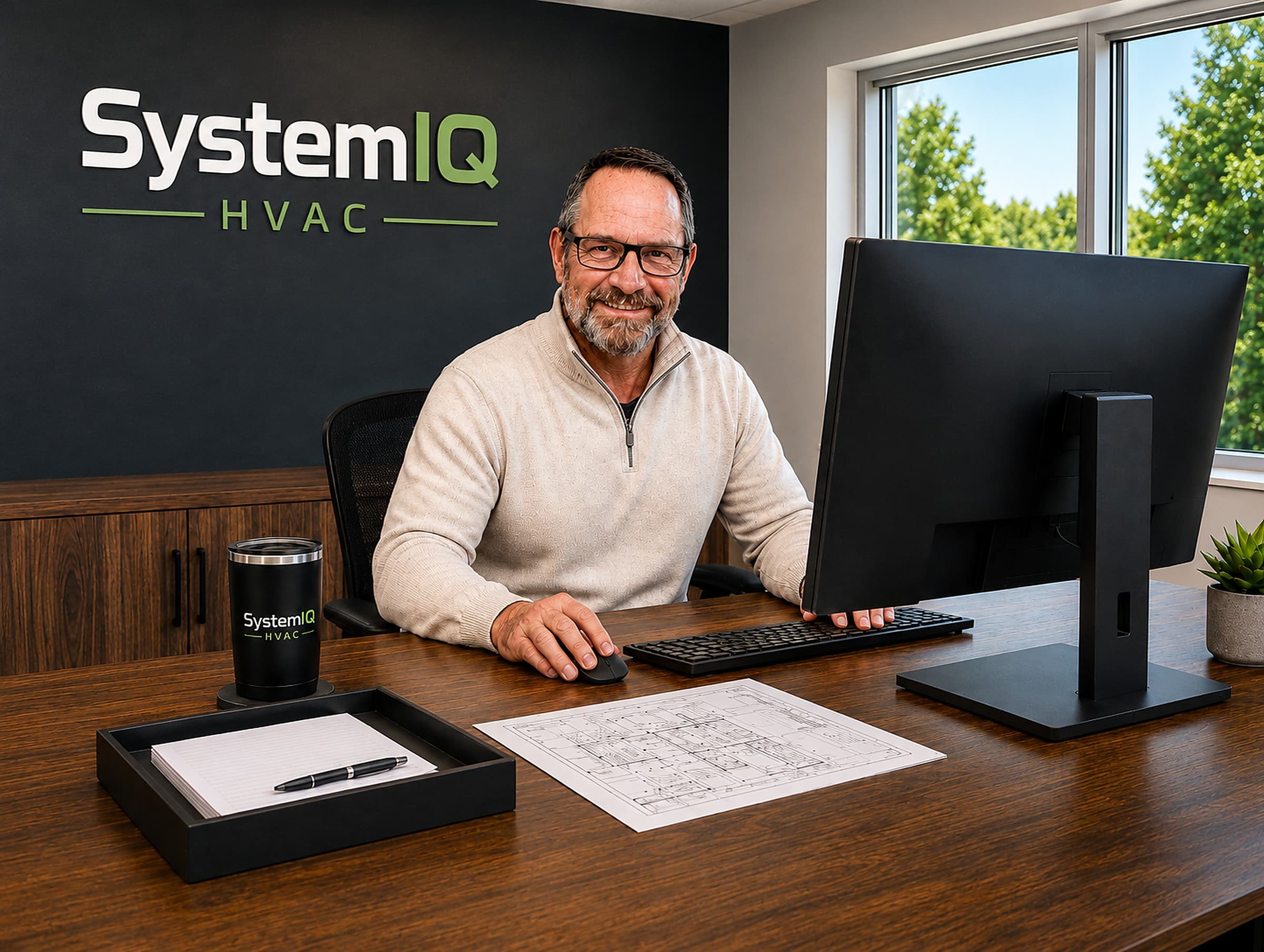 Russell at his office desk, reviewing a job plan on the computer