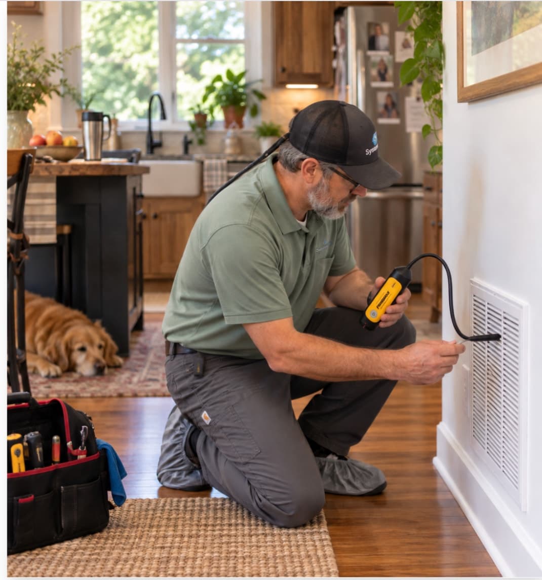 Kneeling at a return grille with a temperature probe during a service call, shoe covers on