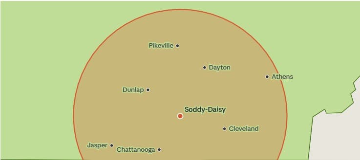 SystemIQ HVAC service area map — Tennessee Valley region centered on Chattanooga