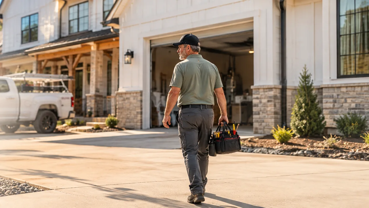 SystemIQ technician carrying a tool bag up the driveway of a new craftsman-style home